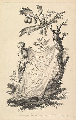 Title page: a smiling man holds a corner of a cloth tied to a fig tree and points with a stick to the cloth's inscription, from 'Recueil de plusieurs jeux d'enfants chinois' after Jean Pillement