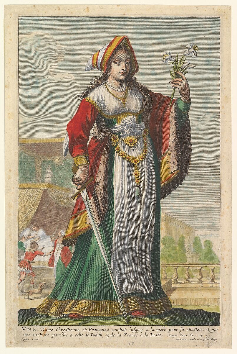 French Judith, from Pierre Le Moyne's "La Gallerie des femmes fortes", Abraham Bosse (French, Tours 1602/04–1676 Paris), Etching and engraving with watercolor and gold paint, painted by hand; first state of two 