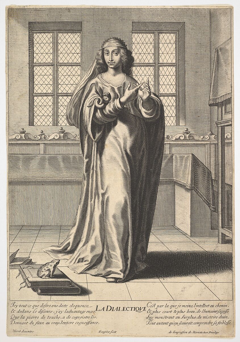 Dialectic: a young woman standing in a decorated interior and touching her right index finger to her left middle finger in a counting gesture, at her feet is a toad seated on a stack of books, from "The liberal arts" (Les arts liberaux), Gilles Rousselet (French, Paris 1614–1686 Paris), Engraving 