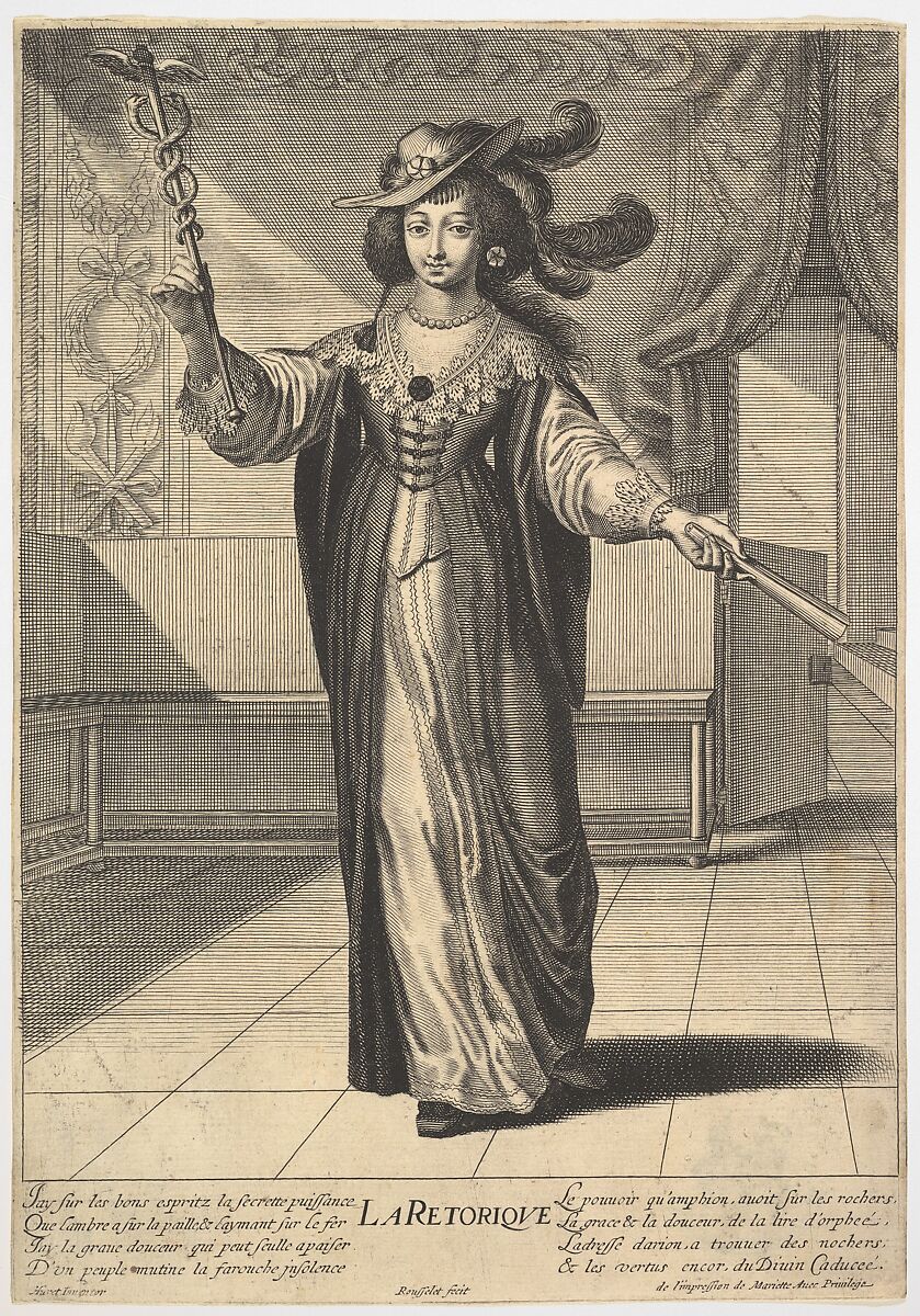 Rhetoric: a young woman standing in a decorated interior with a caduceus in her right hand and a closed fan in her left hand, from "The liberal arts" (Les arts liberaux), Gilles Rousselet (French, Paris 1614–1686 Paris), Engraving 