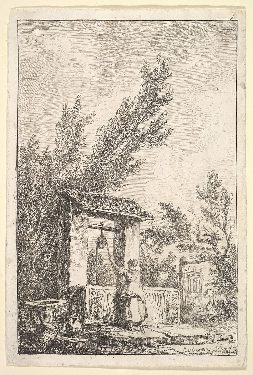 Plate 7: The Well: a young woman in center, seen from behind, drawing water from a well that is decorated with reliefs from an ancient sarcophagus, from "Les soirées de Rome", Hubert Robert (French, Paris 1733–1808 Paris), Etching 