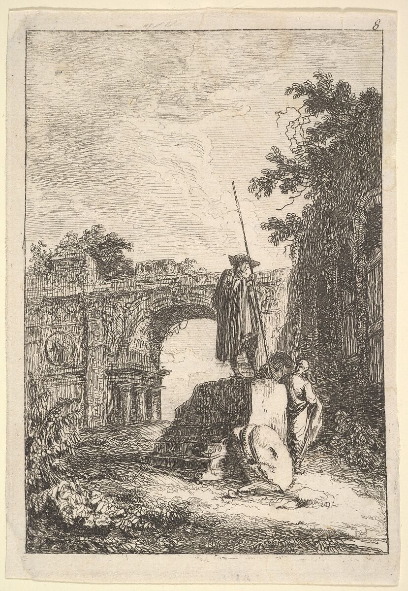 Plate 8: The Triumphal Arch: a man standing atop an architectural fragment in center with two men below, seen from behind, remains of a triumphal arch in the background and the ruins of an arcade to right, from "Les soirées de Rome", Hubert Robert (French, Paris 1733–1808 Paris), Etching 