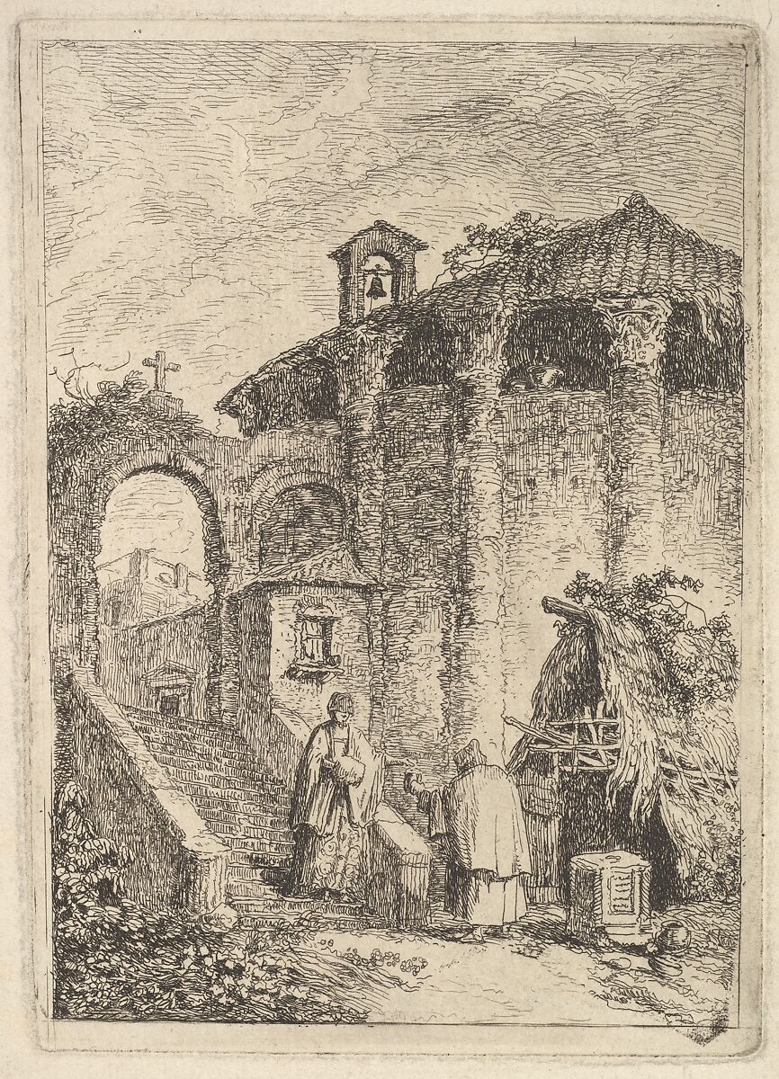 Plate 5: The Ancient Temple: a woman descending a staircase at left and giving alms to a beggar, a rotunda at right, from "Les soirées de Rome", Hubert Robert (French, Paris 1733–1808 Paris), Etching 