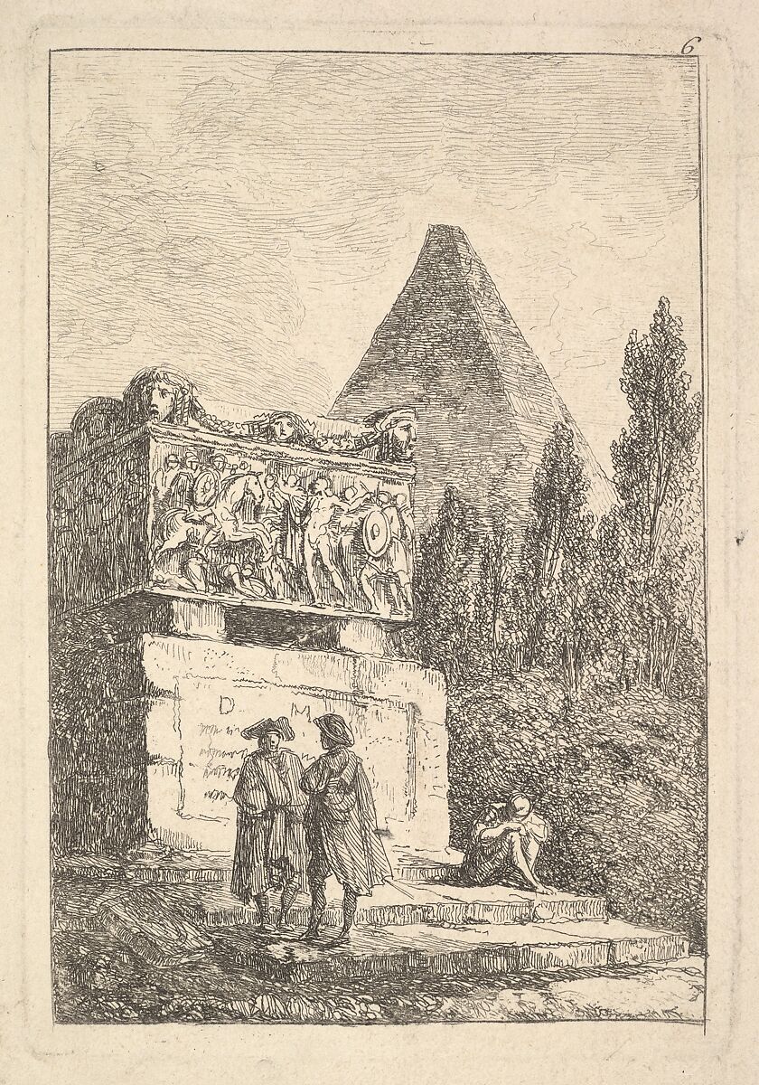 Plate 6: The Sarcophagus: two men conversing to left, another man seated and sleeping to right, an ancient sarcophagus to left decorated with reliefs, a pyramid to right in the background half-hidden by cyprus trees, from "Les soirées de Rome", Hubert Robert (French, Paris 1733–1808 Paris), Etching 