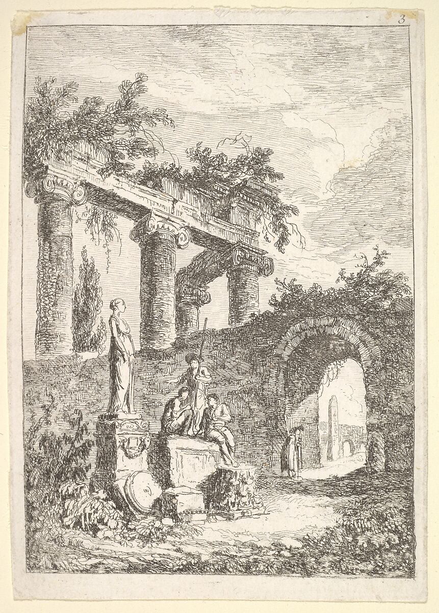 Plate 3: The Statue Before the Ruins: a statue to left next to three figures on a pedestal, a beggar standing in an archway to right, four columns and the remains of an entablature to top left, from "Les soirées de Rome", Hubert Robert (French, Paris 1733–1808 Paris), Etching 