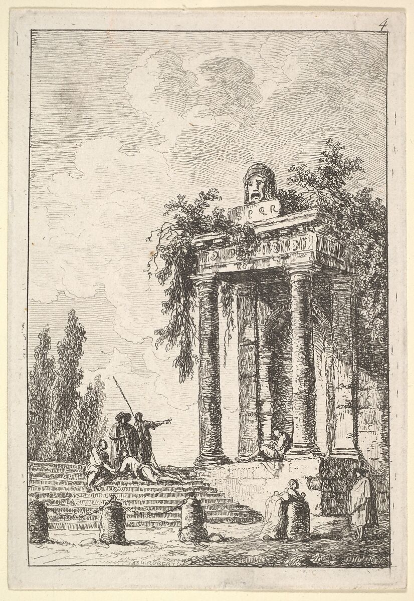 Plate 4: remains of a classical monument to right surmounted by a mask and tablet, a figure sitting on the porch, four figures on a staircase to left, four milestones below, from "Les soirées de Rome", Hubert Robert (French, Paris 1733–1808 Paris), Etching 