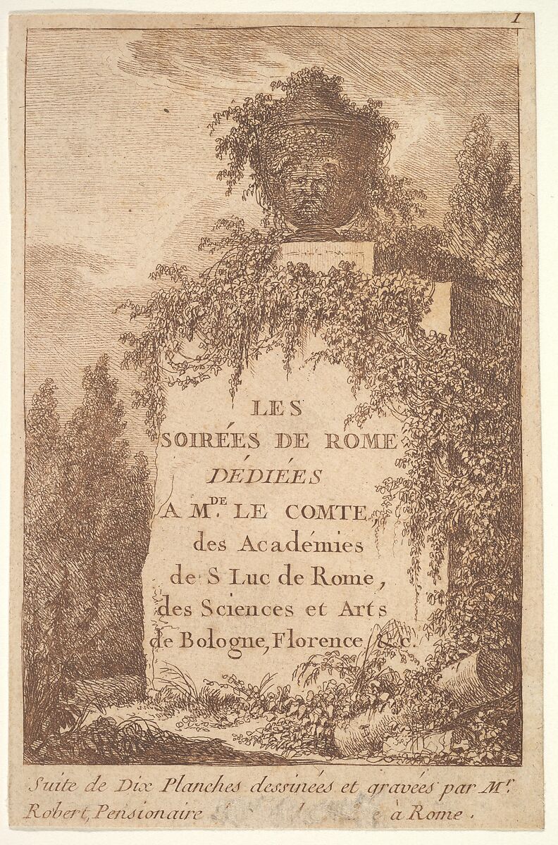 Title page: a wall in center surrounded by ruins and poplar trees, surmounted by a vase decorated with the head of a satyr, from "Les soirées de Rome", Hubert Robert (French, Paris 1733–1808 Paris), Etching 