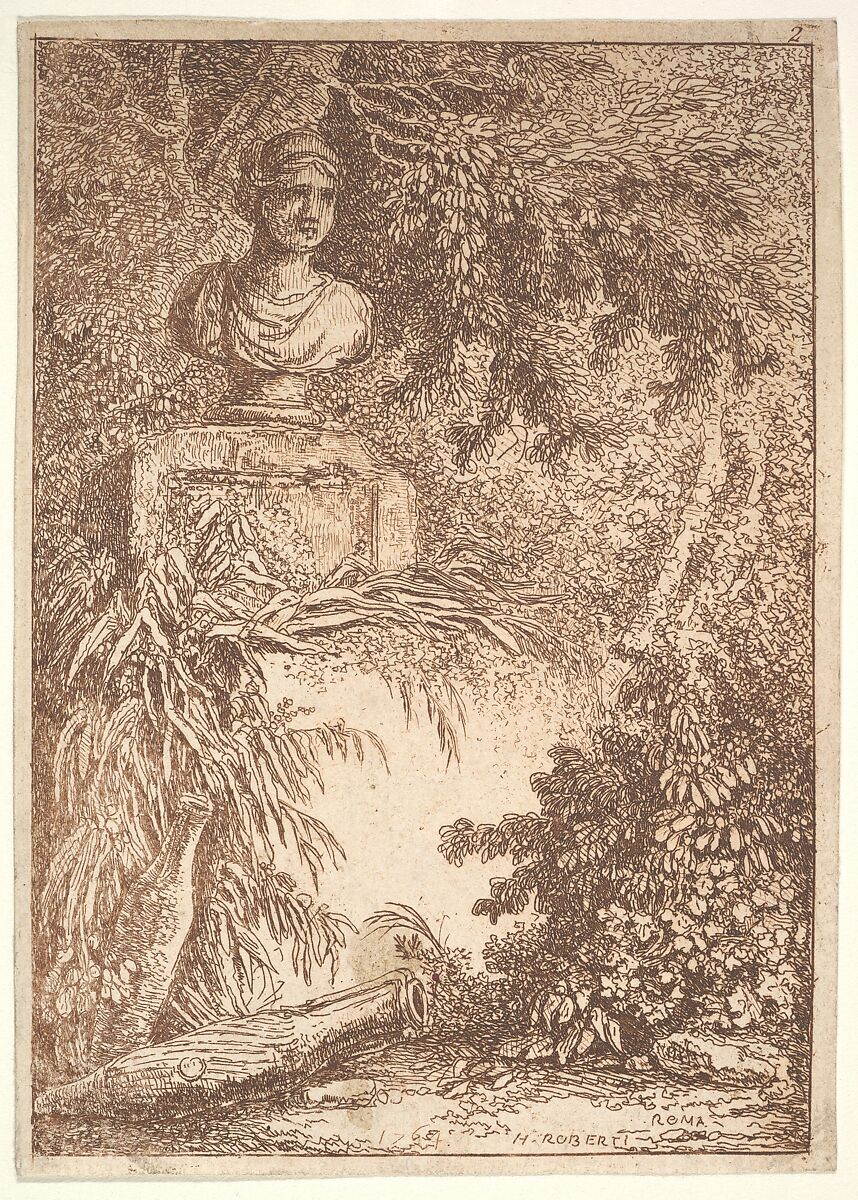 Plate 2: The Bust: a bust of a female wearing a diadem at top left, two amphoras at bottom left, surrounded by trees and greenery, from "Les soirées de Rome", Hubert Robert (French, Paris 1733–1808 Paris), Etching 