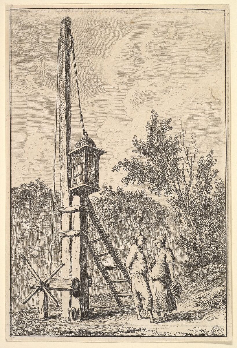 Plate 9: The Pulley: a man and a woman conversing to right, a lantern hung on a post to left, from "Les soirées de Rome", Hubert Robert (French, Paris 1733–1808 Paris), Etching 