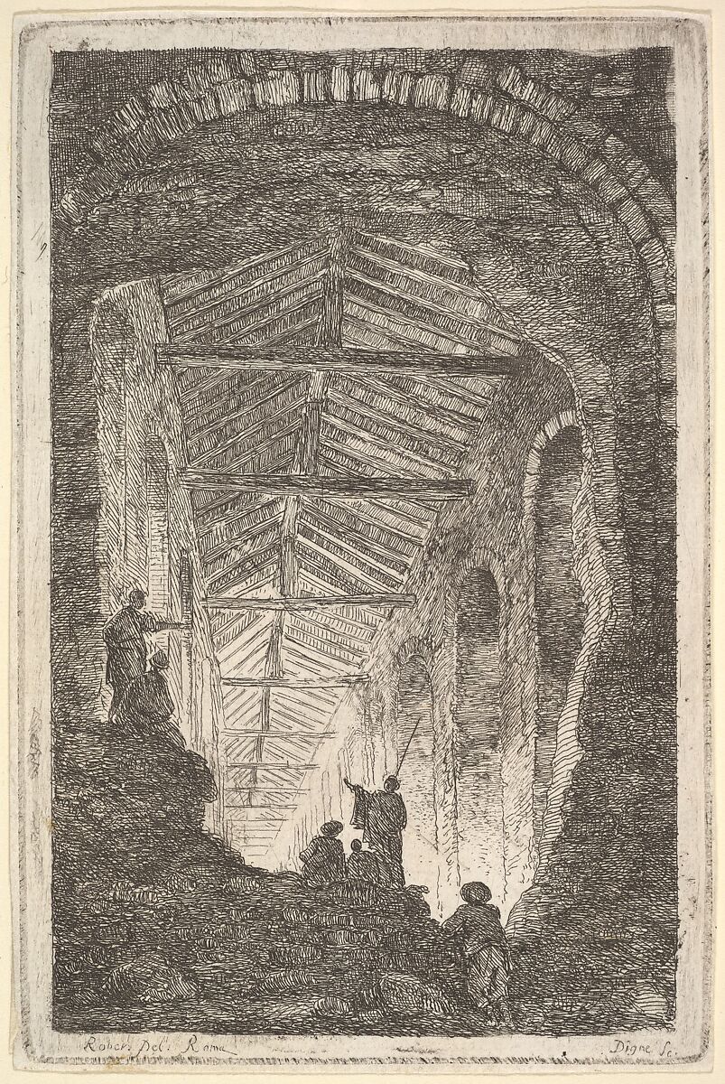 Plate 10: The Ancient Gallery: a large covered gallery, light entering from the background, six figures standing atop piles of rocks in the foreground, from "Les soirées de Rome", after Hubert Robert (French, Paris 1733–1808 Paris), Etching 