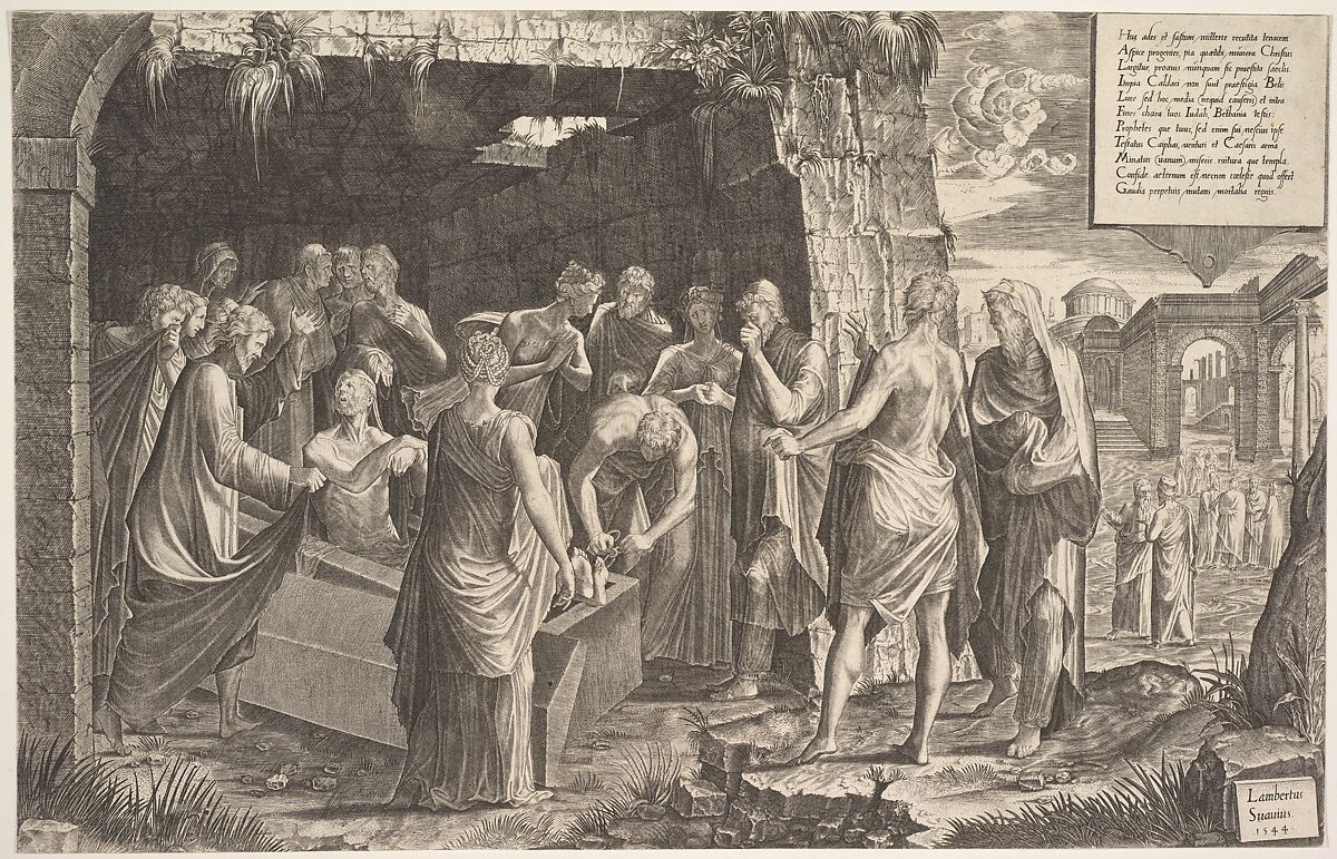 Raising of Lazurus, Lambert Suavius (Netherlandish, ca. 1510–by 1576), Engraving; first of two states 