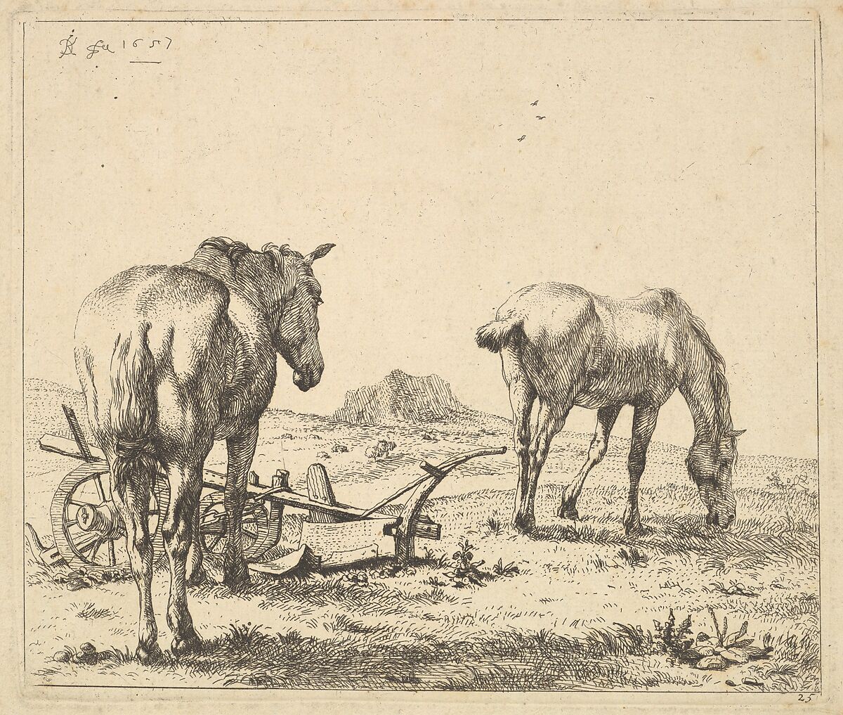Les deux chevaux près de la charrue, Karel Dujardin (Dutch, Amsterdam 1622–1678 Venice), Etching; second of three states 