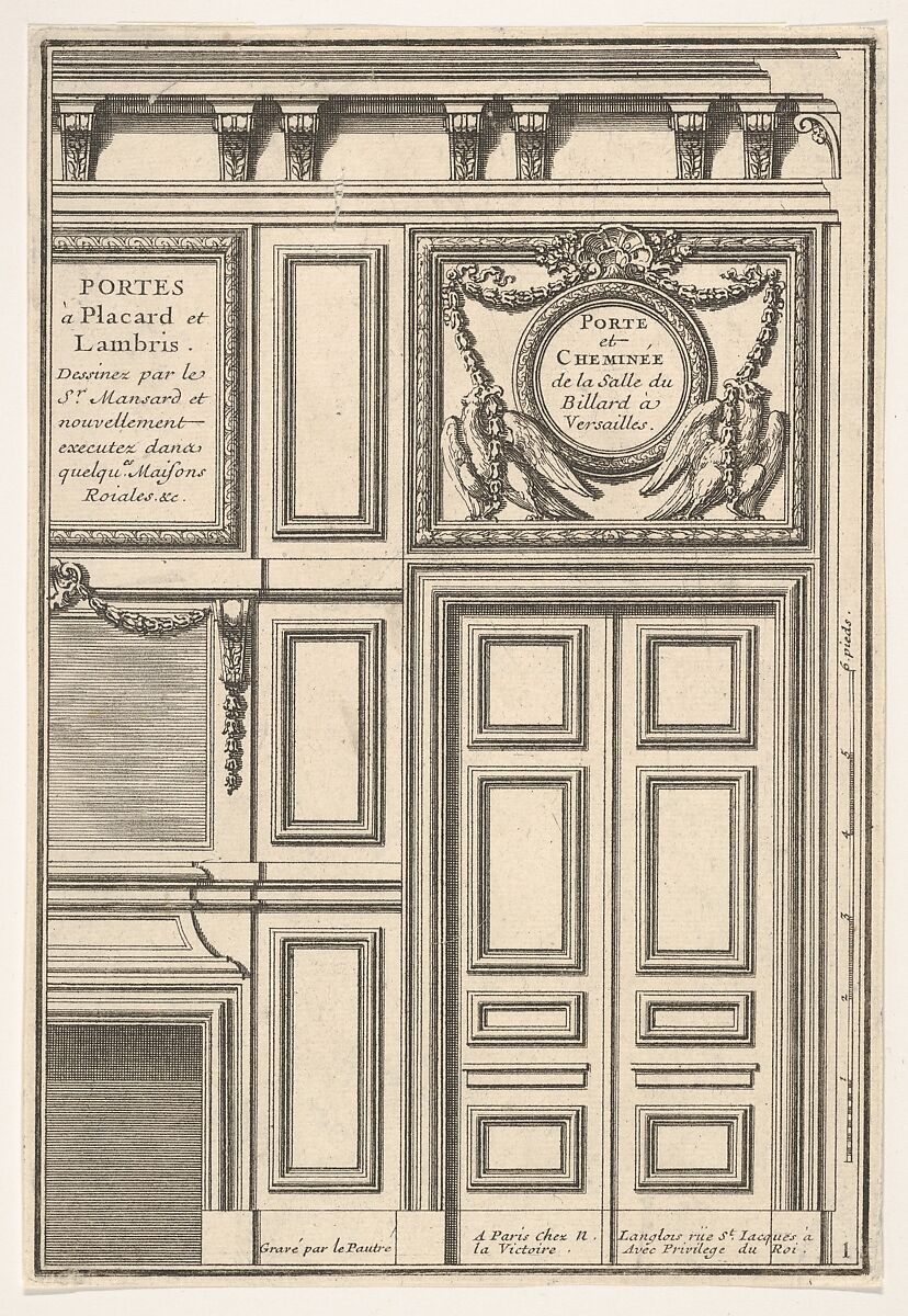 Door and Chimney of the Billiards room at Versailles, plate I from "Portes a Placard et Lambris", Jean Le Pautre (French, Paris 1618–1682 Paris), Etching 