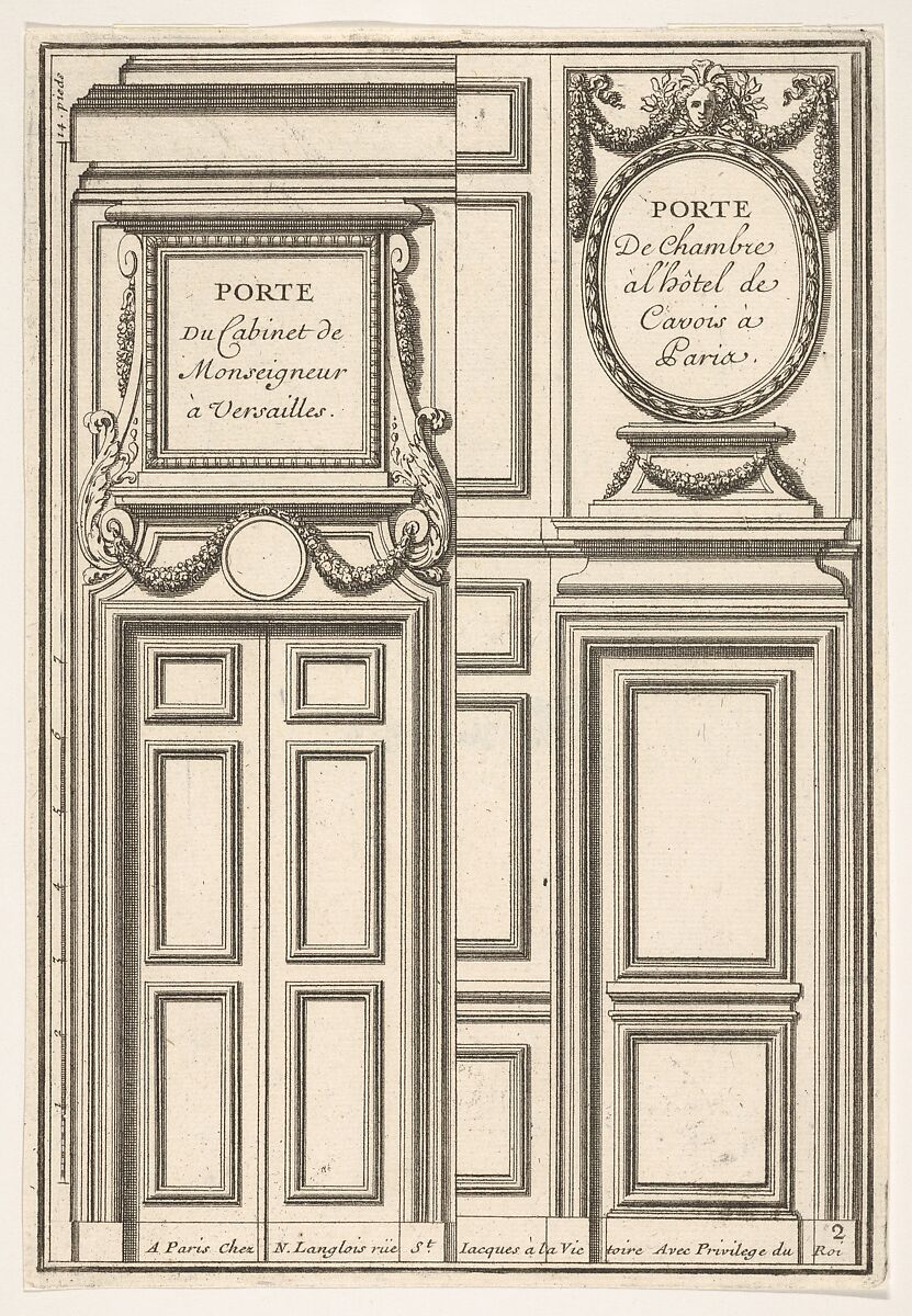 Two Designs for Doors, one at Versailles and one at the Hotel Cavois in Paris, plate II from the Series 'Portes a Placard et Lambris', published as part of 'L'Architecture à la Mode', Jean Le Pautre (French, Paris 1618–1682 Paris), Etching 