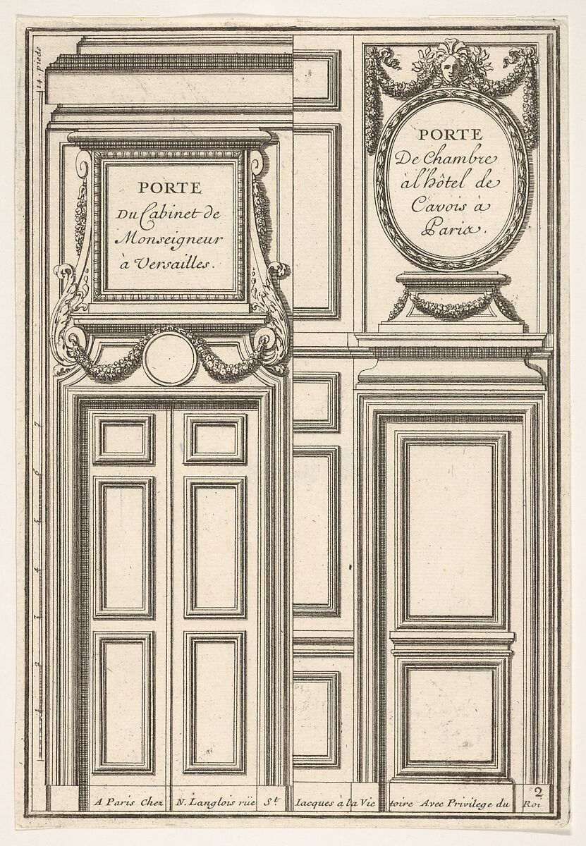 Two Designs for Doors, one at Versailles and one at the Hotel Cavois in Paris, plate II from "Portes a Placard et Lambris'", Jean Le Pautre (French, Paris 1618–1682 Paris), Etching 