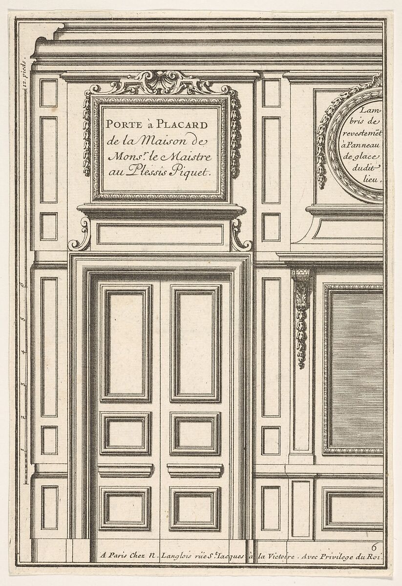 Door and Part of the Wall Paneling with Mirrored Glass from the House of Monsieur le Maître at Plessis Piquet, plate VI from "Portes a Placard et Lambris", Jean Le Pautre (French, Paris 1618–1682 Paris), Etching 
