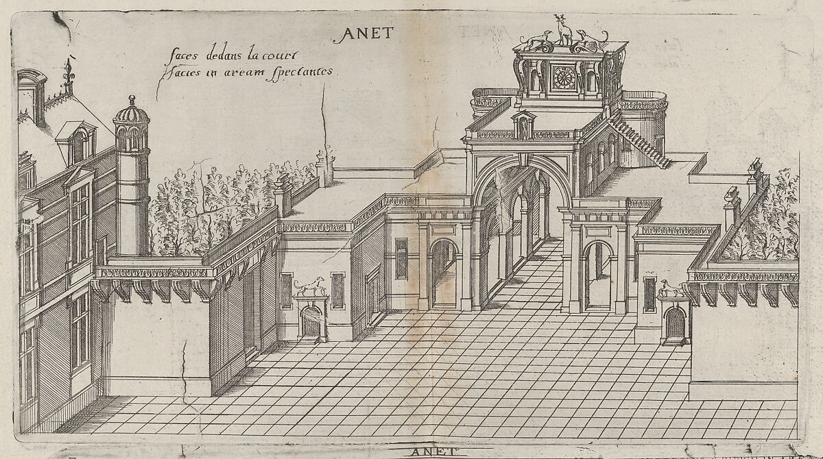 Interior View of the Court Yard and Frontal View of the Defense Mechanism at Chateau d'Anet, from "Les plus excellents bastiments de France", Jacques Androuet Du Cerceau (French, Paris 1510/12–1585 Annecy), Engraving