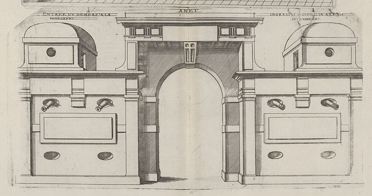 Interior View of the Court Yard and Frontal View of the Defense Mechanism at Chateau d'Anet, from "Les plus excellents bastiments de France", Jacques Androuet Du Cerceau (French, Paris 1510/12–1585 Annecy), Engraving