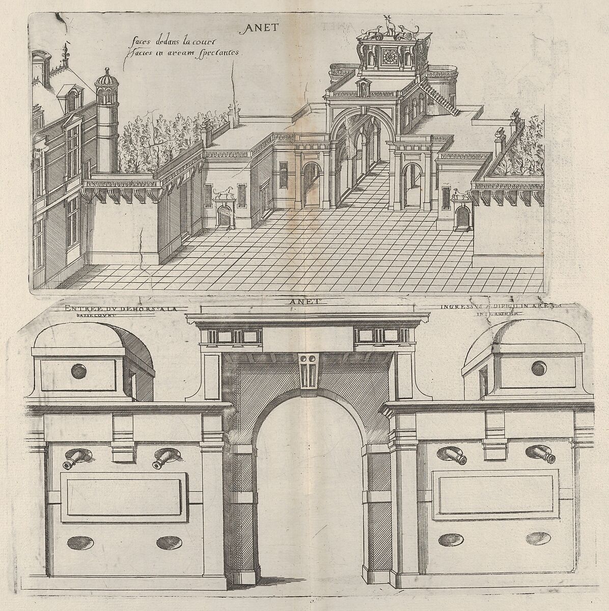 Interior View of the Court Yard and Frontal View of the Defense Mechanism at Chateau d'Anet, from "Les plus excellents bastiments de France", Jacques Androuet Du Cerceau (French, Paris 1510/12–1585 Annecy), Engraving 