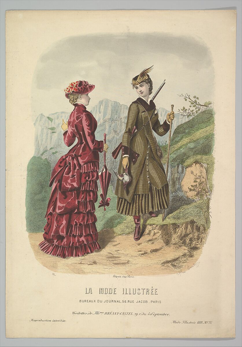 A Lady in a Hunting Costume with a Lady in Walking Costume on a Mountain Path from La Mode Illustrée, Adèle-Anaïs Toudouze (French, Paris 1822–1899 Paris), Hand-colored lithograph 