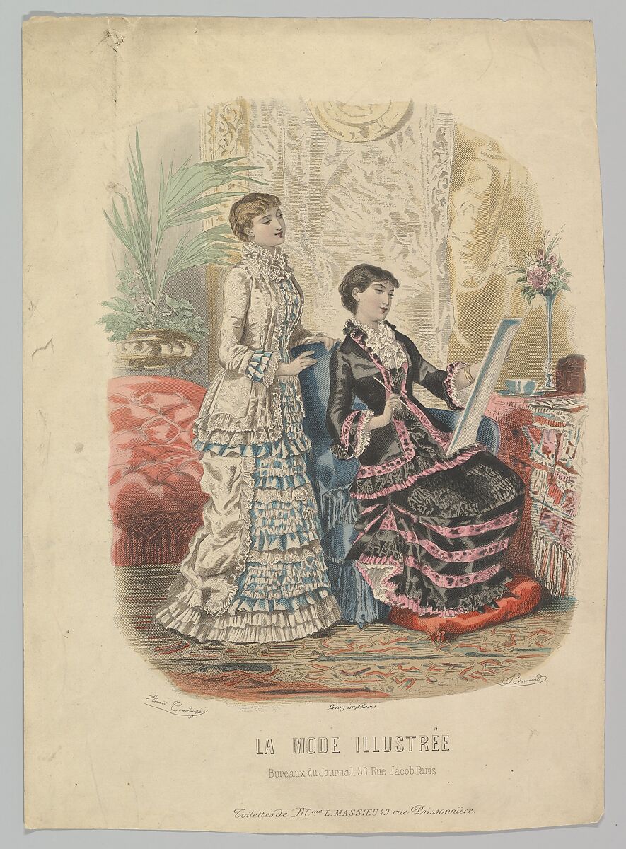 Toilettes de Mme. L. Massieu, from La Mode Illustrée, Adèle-Anaïs Toudouze (French, Paris 1822–1899 Paris), Steel engraving with hand coloring 