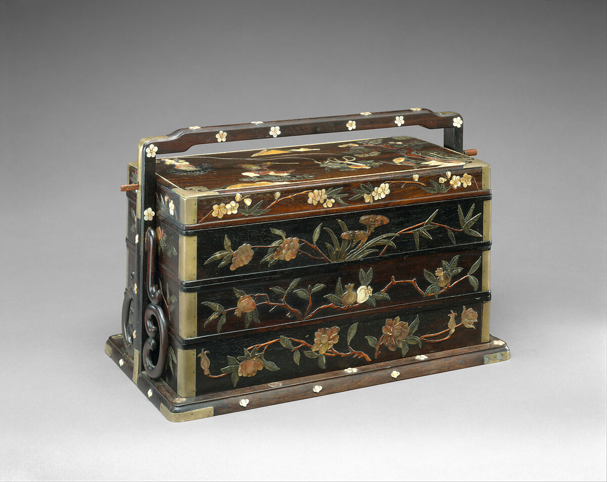 Picnic basket with scene from Investiture of the Gods, Hardwood (zitan) inlaid with mother-of-pearl and soapstone, China 