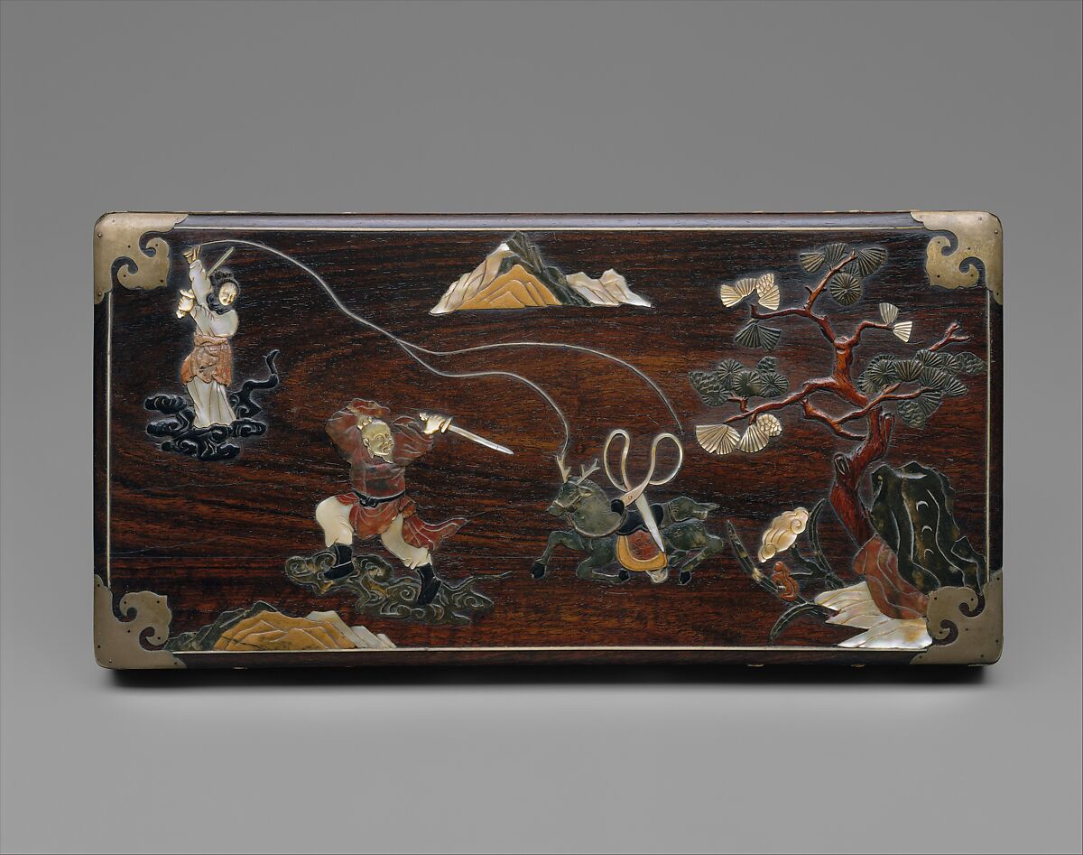 Picnic basket with scene from Investiture of the Gods, Hardwood (zitan) inlaid with mother-of-pearl and soapstone, China