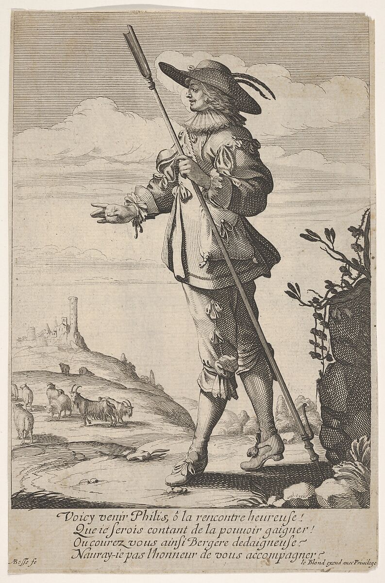 A shepherd holding a crook in his left hand and walking with a hill, a town and goats in the distance at left, Abraham Bosse (French, Tours 1602/04–1676 Paris), Etching 
