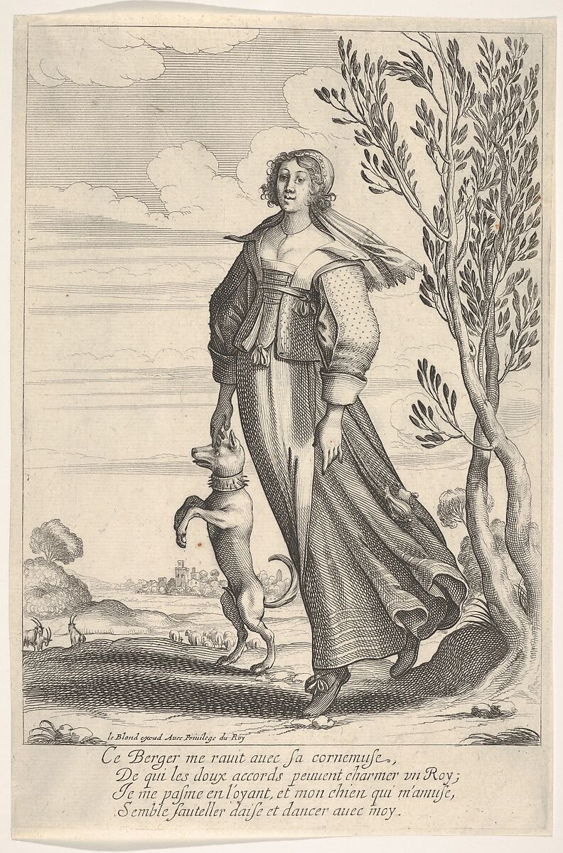 A shepherdess, accompanied by her dog, dancing to the sound of a musette, Abraham Bosse (French, Tours 1602/04–1676 Paris), Etching 