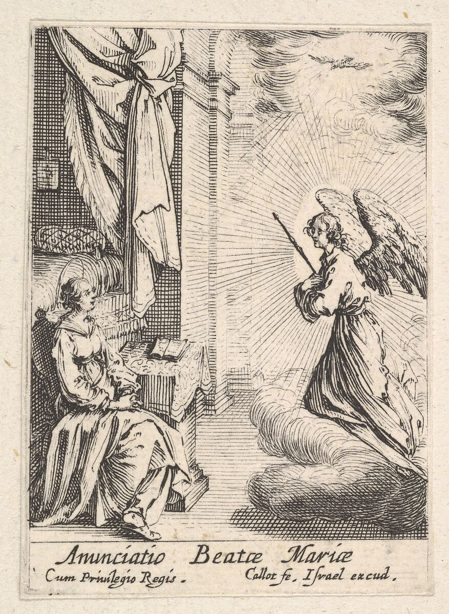 Annunciation, with angel approaching the seated Mary from the left, and the dove of the Holy Spirit above, Jacques Callot (French, Nancy 1592–1635 Nancy), Etching; second state 