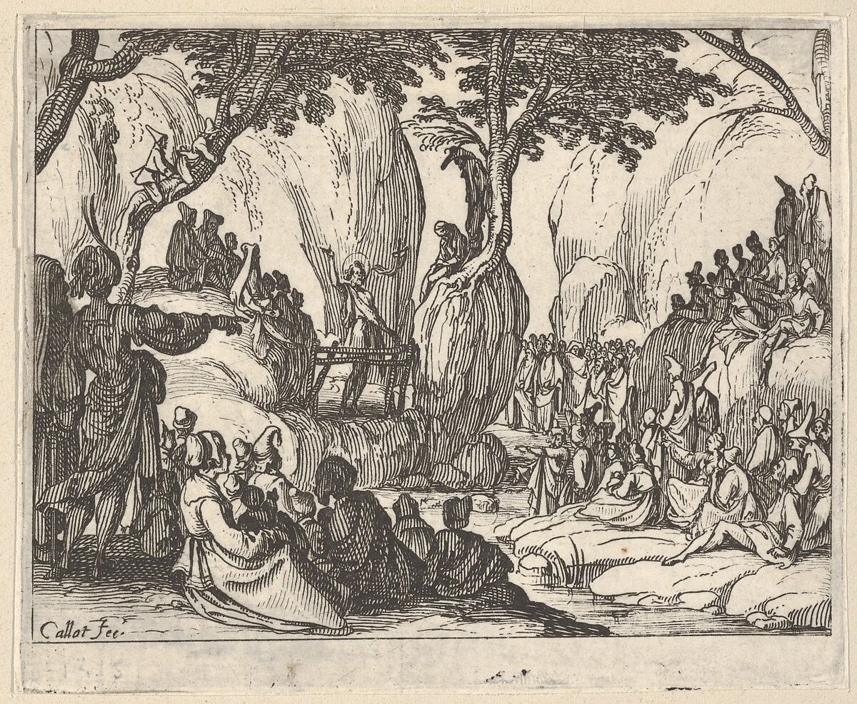 Saint John Preaching in the Desert (Saint Jean Préchant dans le Désert), with arm upraised, surrounded by male and female figures in a rocky setting, Jacques Callot (French, Nancy 1592–1635 Nancy), Etching 