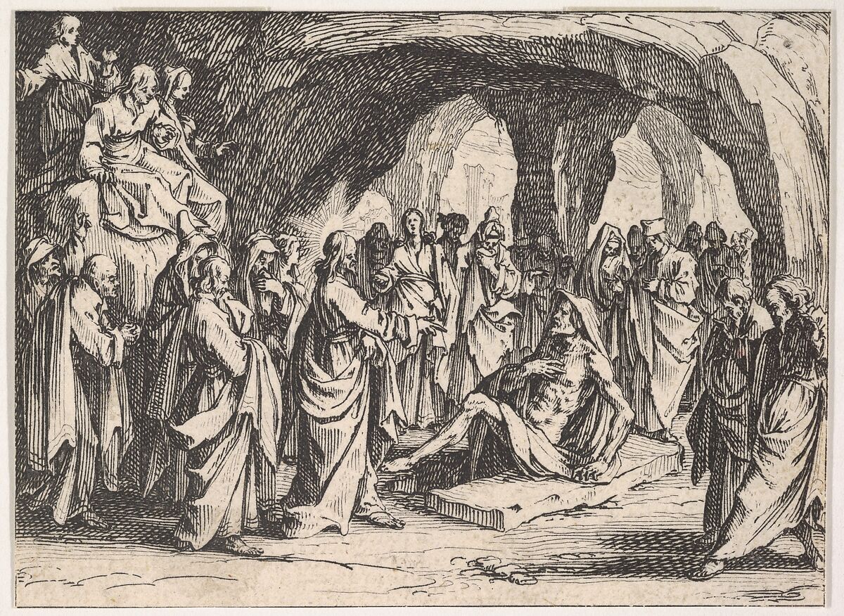 The Resurrection of Lazarus (La Resurrection de Lazare), set in a cave, from "The New Testament" (Le Nouveau Testament), Jacques Callot (French, Nancy 1592–1635 Nancy), Etching 