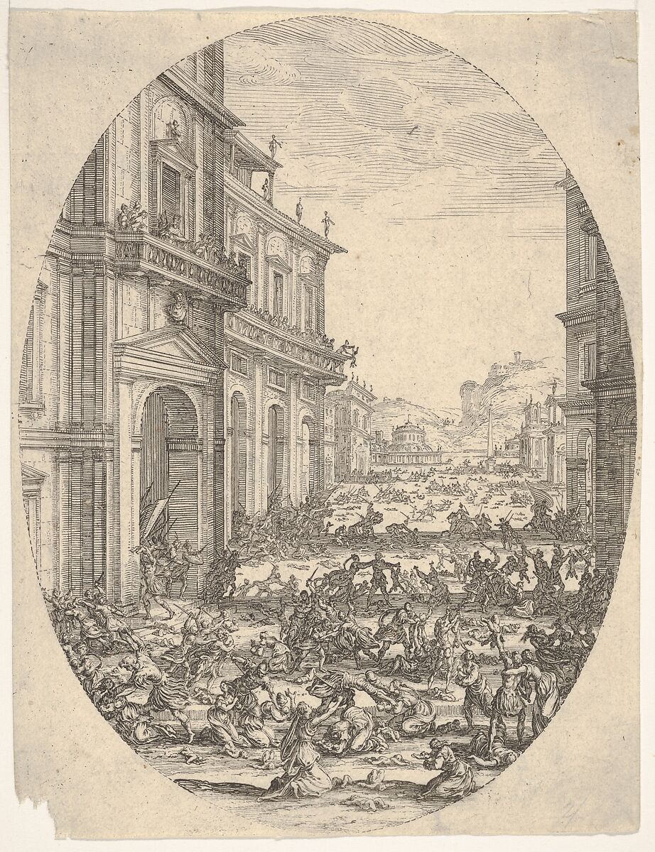 The Massacre of the Innocents, with architectural facades at left and right, an oval composition, Jacques Callot (French, Nancy 1592–1635 Nancy), Etching; first state of two 