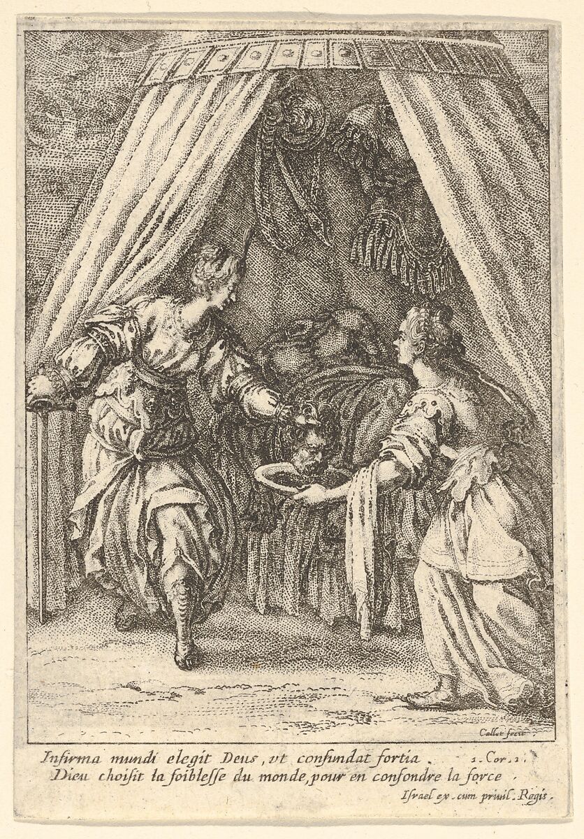 Judith placing the head of Holofernes on a tray held by an attendant, with the body of Holofernes on a canopied bed, Jacques Callot (French, Nancy 1592–1635 Nancy), Engraving; second state 