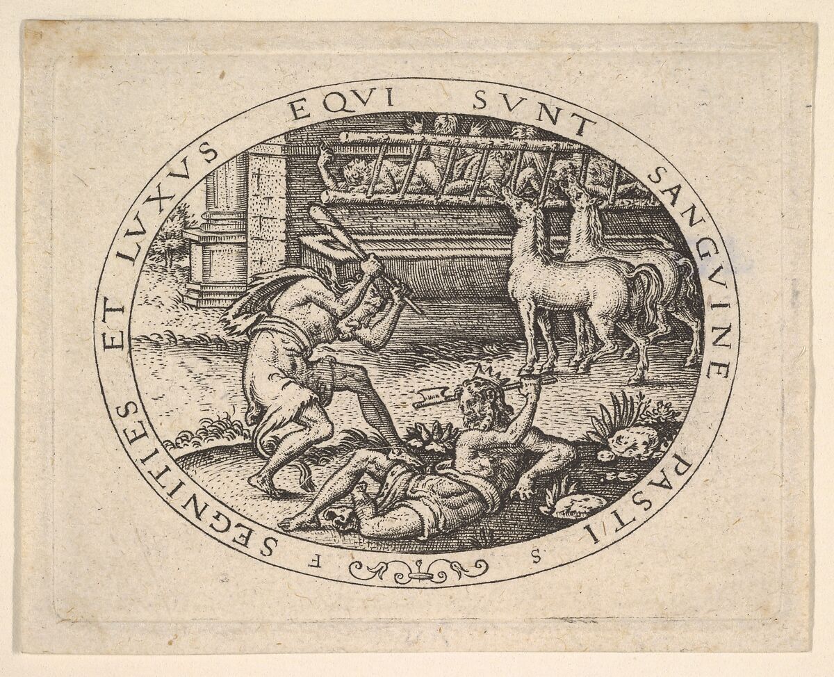 Hercules Killing Diomedes, Etienne Delaune (French, Orléans 1518/19–1583 Strasbourg), Engraving 