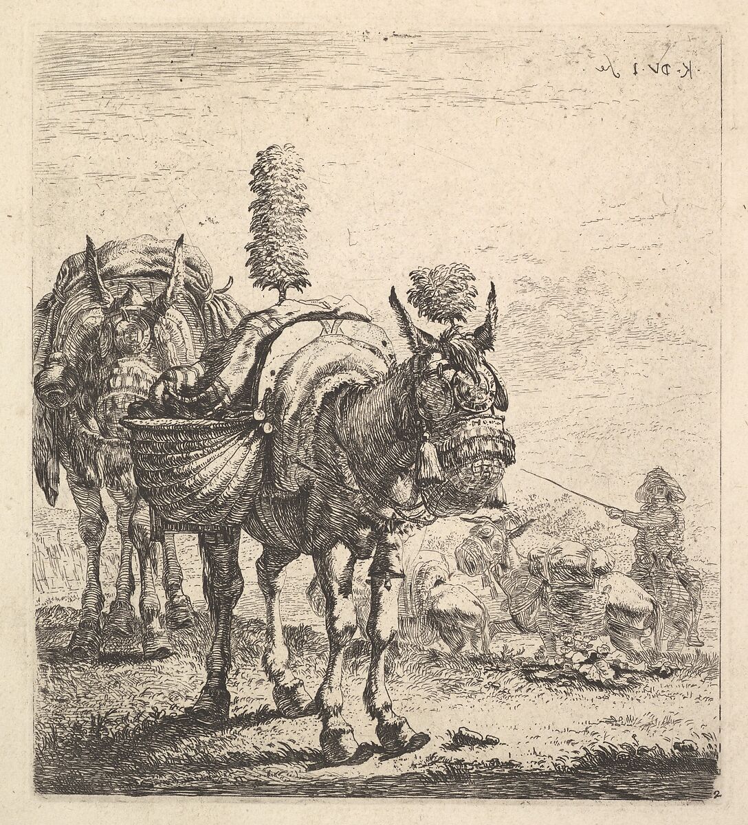 Two mules bearing panniers and outfitted with blinders, plumes, and tassels; one mule in three-quarter view and behind it a mule in frontal view; beyond a man mounted on a horse directs mules with a rod, Karel Dujardin (Dutch, Amsterdam 1622–1678 Venice), Etching 