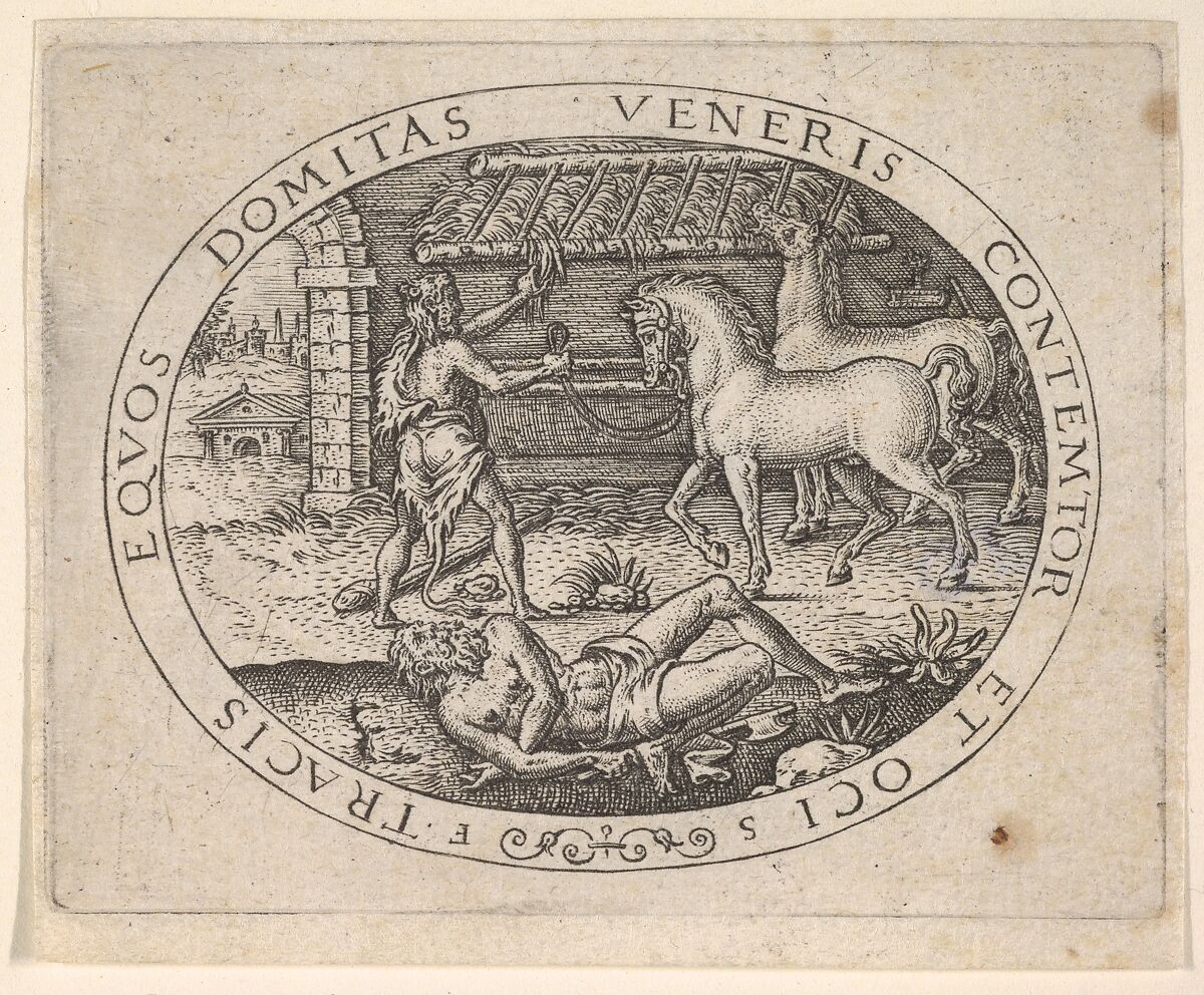 Hercules Stealing the Horses of Diomedes, Etienne Delaune (French, Orléans 1518/19–1583 Strasbourg), Engraving 