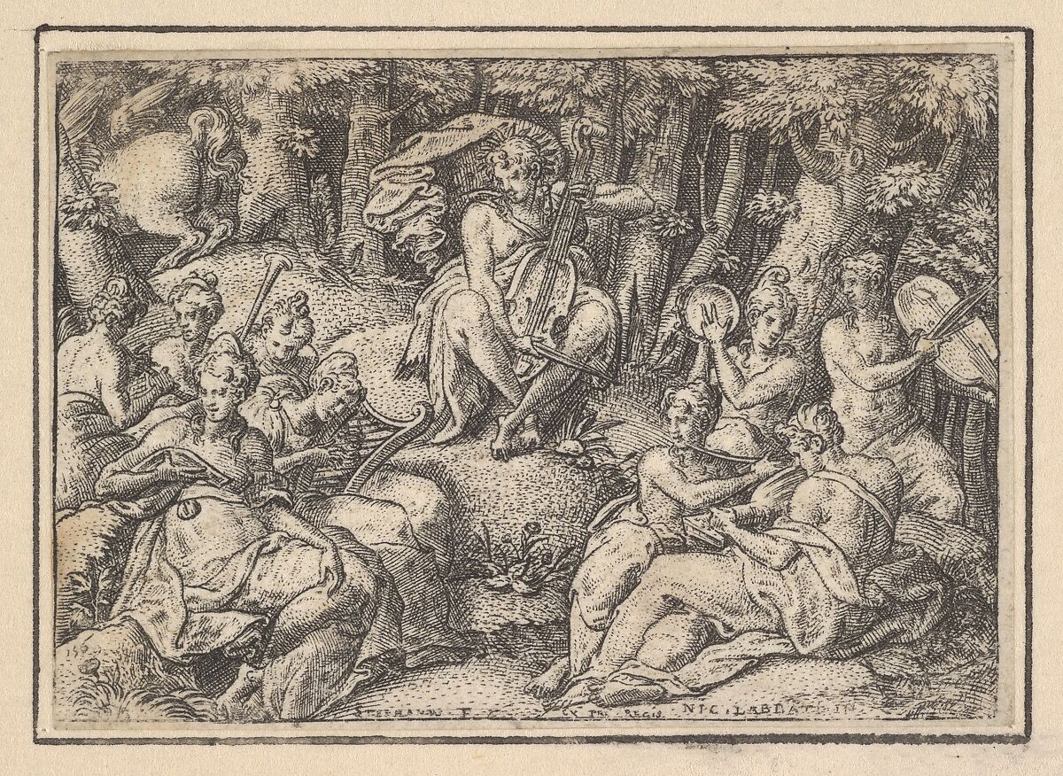 Apollo on Parnassus (Apollon sur le Parnasse), Etienne Delaune (French, Orléans 1518/19–1583 Strasbourg), Engraving 