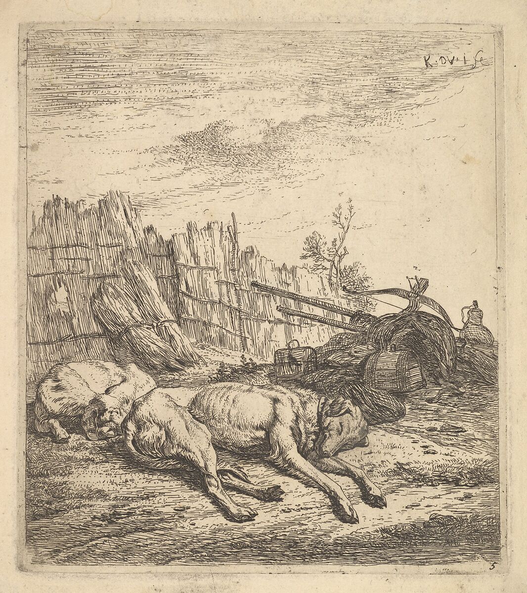 Two dogs sleeping on the ground; a plough, farm equipment, bunches of straw, and a fence beyond, Karel Dujardin (Dutch, Amsterdam 1622–1678 Venice), Etching 