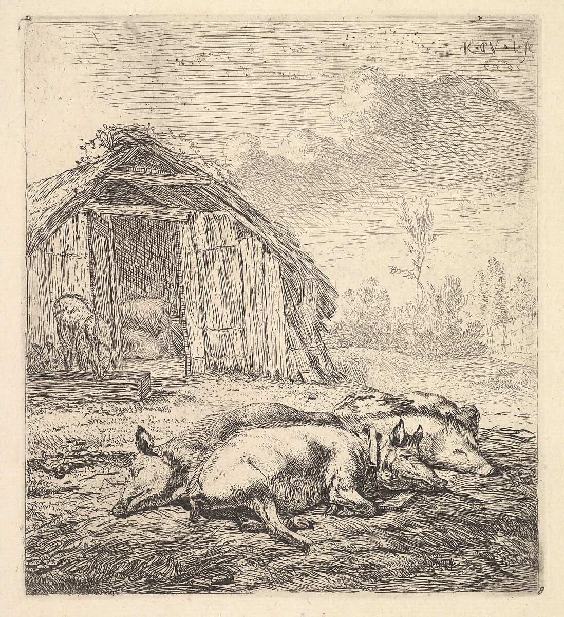 Three pigs lying on their sides, a pigsty and trough beyond, Karel Dujardin (Dutch, Amsterdam 1622–1678 Venice), Etching 