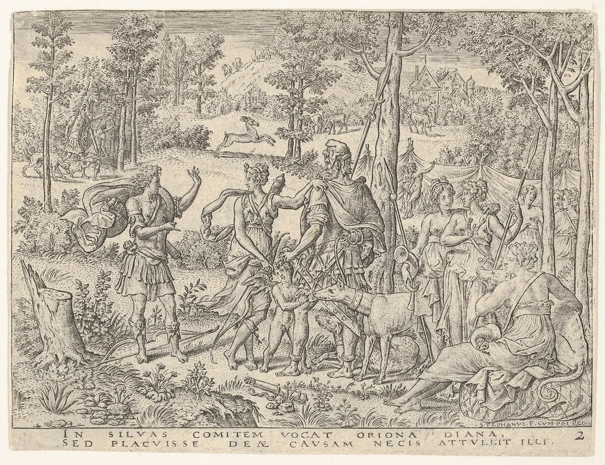 Diana accepts the huntsman Orion into her company (Diane admettant en sa compagnie le chasseur orion), Etienne Delaune (French, Orléans 1518/19–1583 Strasbourg), Etching; second and last state 