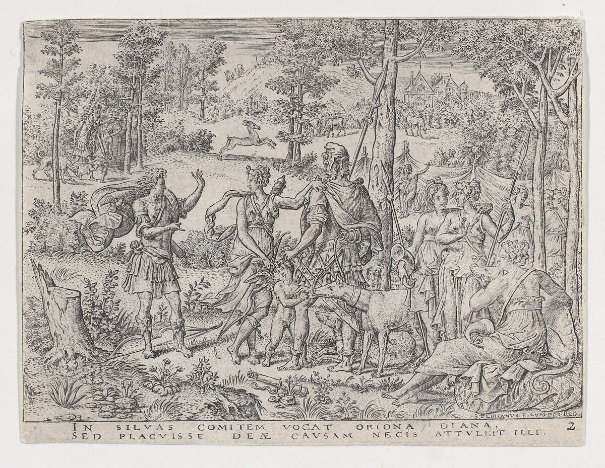 Diana accepts the huntsman Orion into her company (Diane admettant en sa compagnie le chasseur orion), Etienne Delaune (French, Orléans 1518/19–1583 Strasbourg), Etching; second and last state