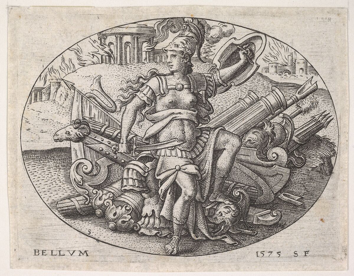 War: Bellona sits on a trophy of arms (La Guerre: Bellone assise sur un trophée d'armes), Etienne Delaune (French, Orléans 1518/19–1583 Strasbourg), Etching 