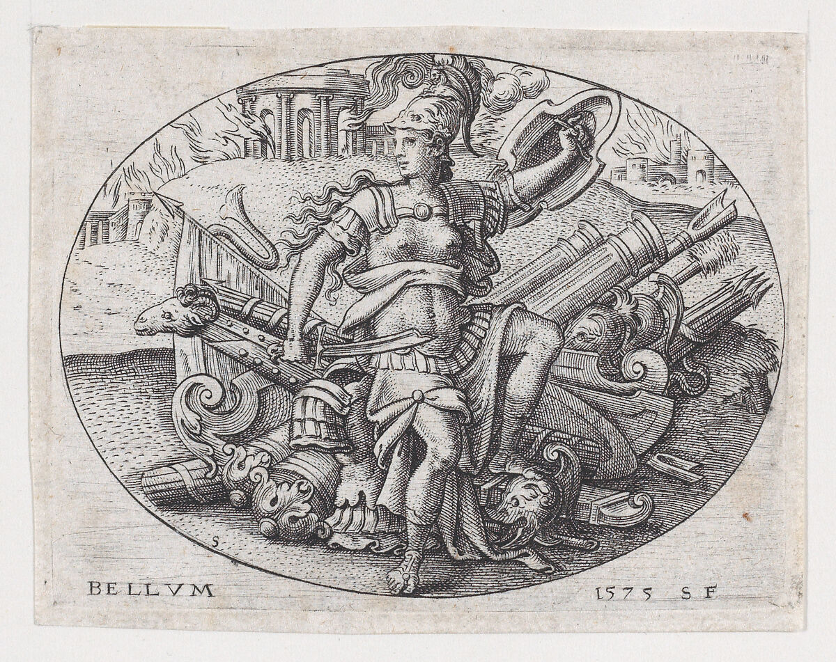 War: Bellona sits on a trophy of arms (La Guerre: Bellone assise sur un trophée d'armes), Etienne Delaune (French, Orléans 1518/19–1583 Strasbourg), Etching
