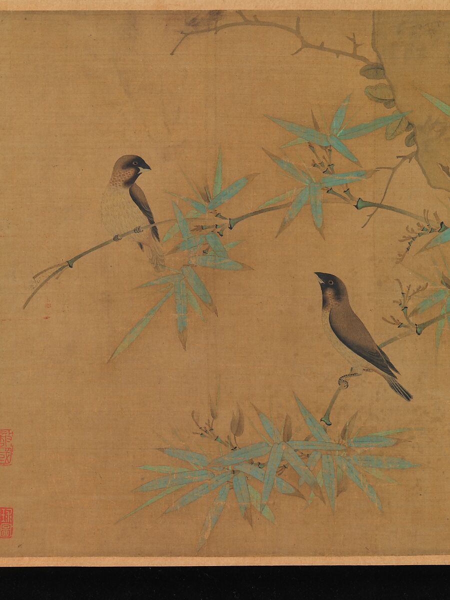 Finches and bamboo, Emperor Huizong (Chinese, 1082–1135; r. 1100–25), Handscroll; ink and color on silk, China