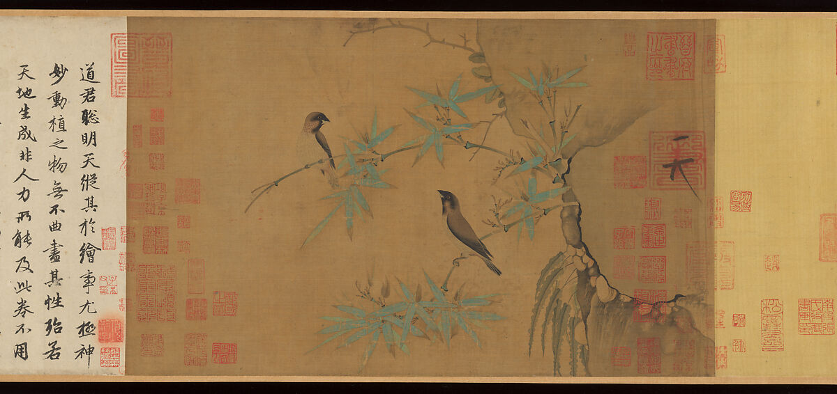 Finches and bamboo, Emperor Huizong (Chinese, 1082–1135; r. 1100–25), Handscroll; ink and color on silk, China
