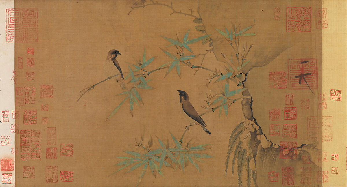 Finches and bamboo, Emperor Huizong (Chinese, 1082–1135; r. 1100–25), Handscroll; ink and color on silk, China 