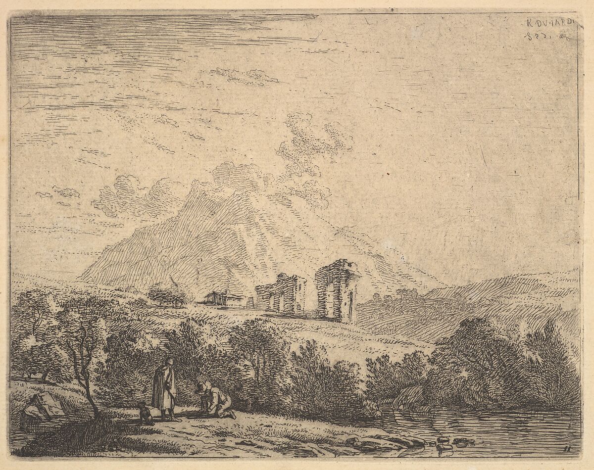 View of hillside with ruins (an aqueduct?) and mountain crag beyond, in the foreground a man kneels on the grass beside a standing man and a dog, Karel Dujardin (Dutch, Amsterdam 1622–1678 Venice), Etching 