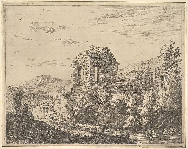 View of ruins showing the corner of a building with two arched windows, in a landscape with a stream in the foreground, from a series of four plates showing ruins of a single building
