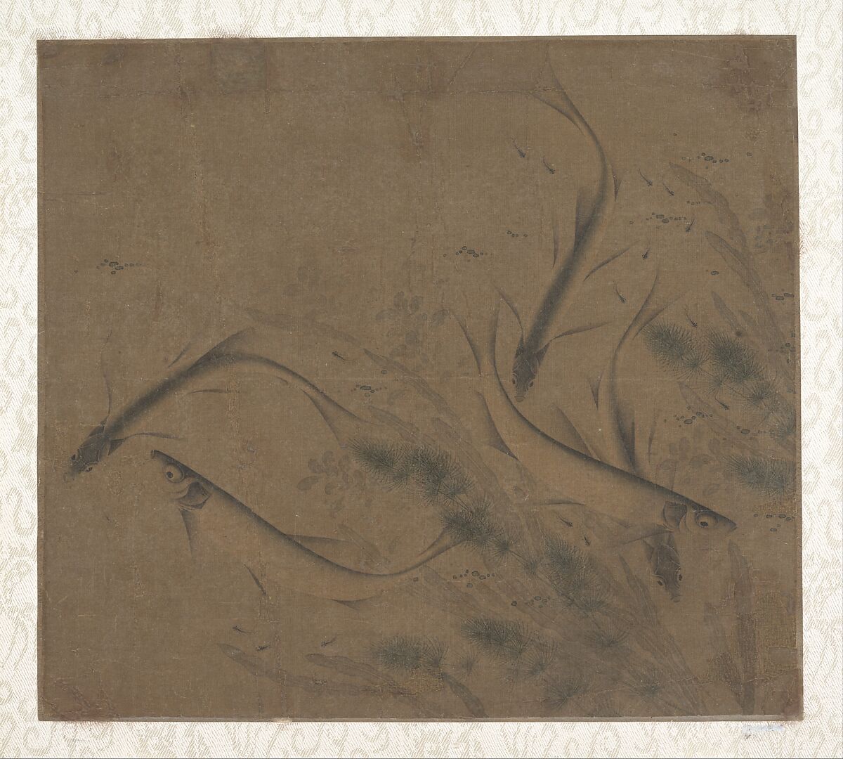 Fish at play, Attributed to Zhao Kexiong (Chinese, active early 12th century), Album leaf; ink and color on silk, China 